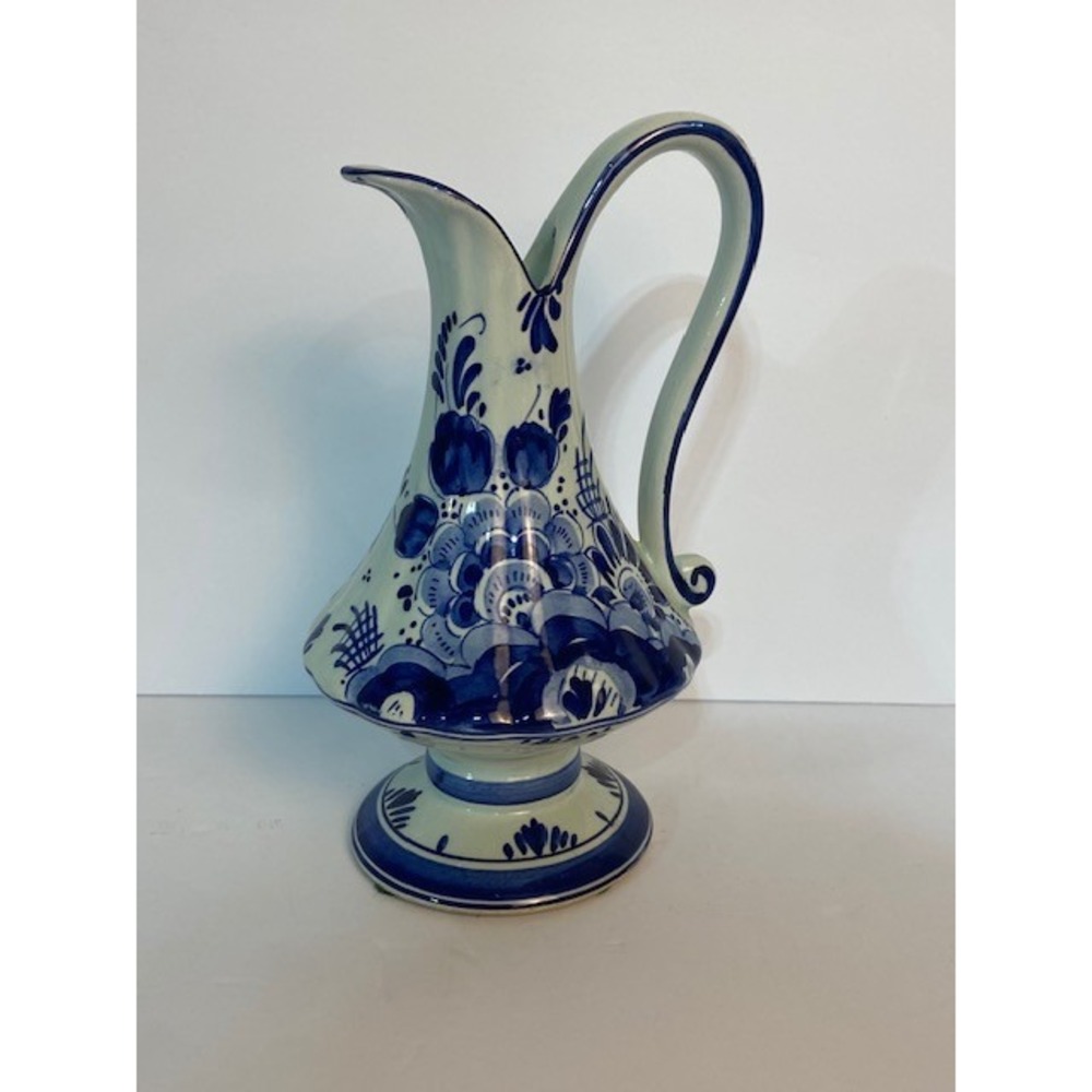 Vintage Hand Painted Blue and White Floral Ceramic Pitcher Vase Delft Style 8 In